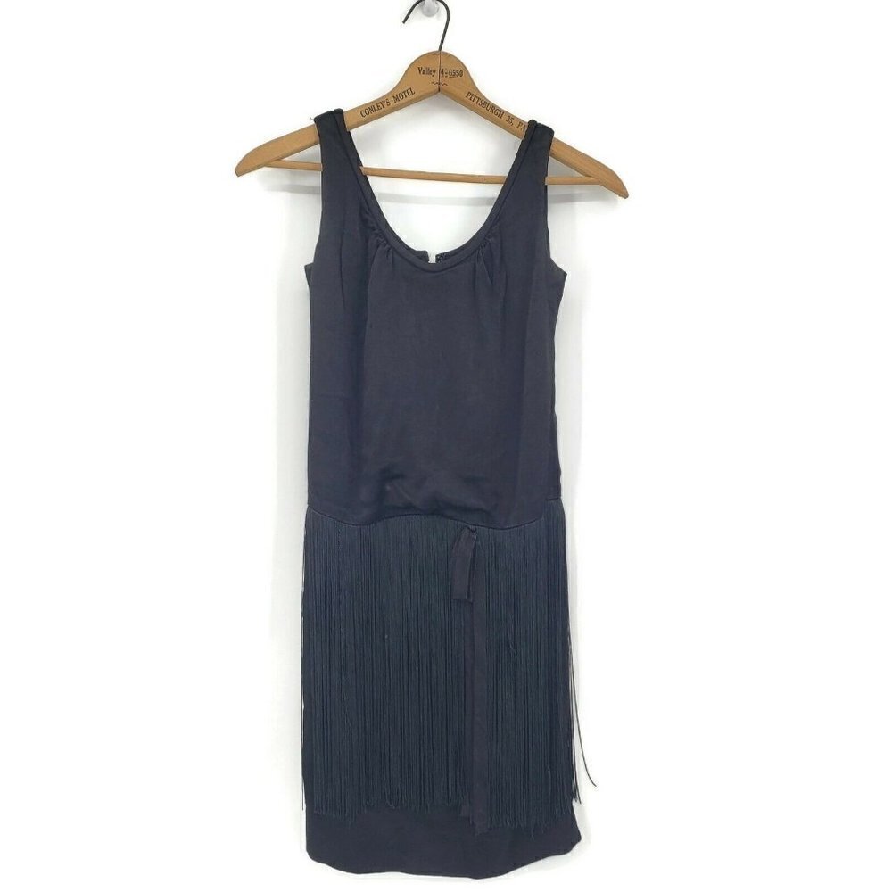 Vintage Arpeja Young Innocent Dress Womens Small? Black Satin Fringe Drop Waist
